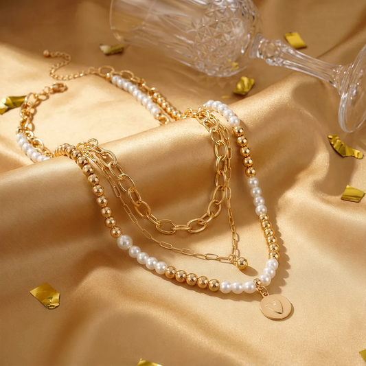 Layered Pearl Coin Necklace in Yellow Gold Over Brass