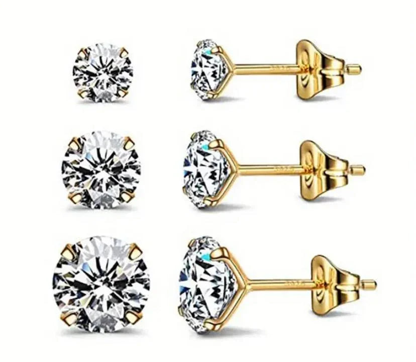 Sterling Silver Set of 3 Cubic Zirconia Stud Earrings