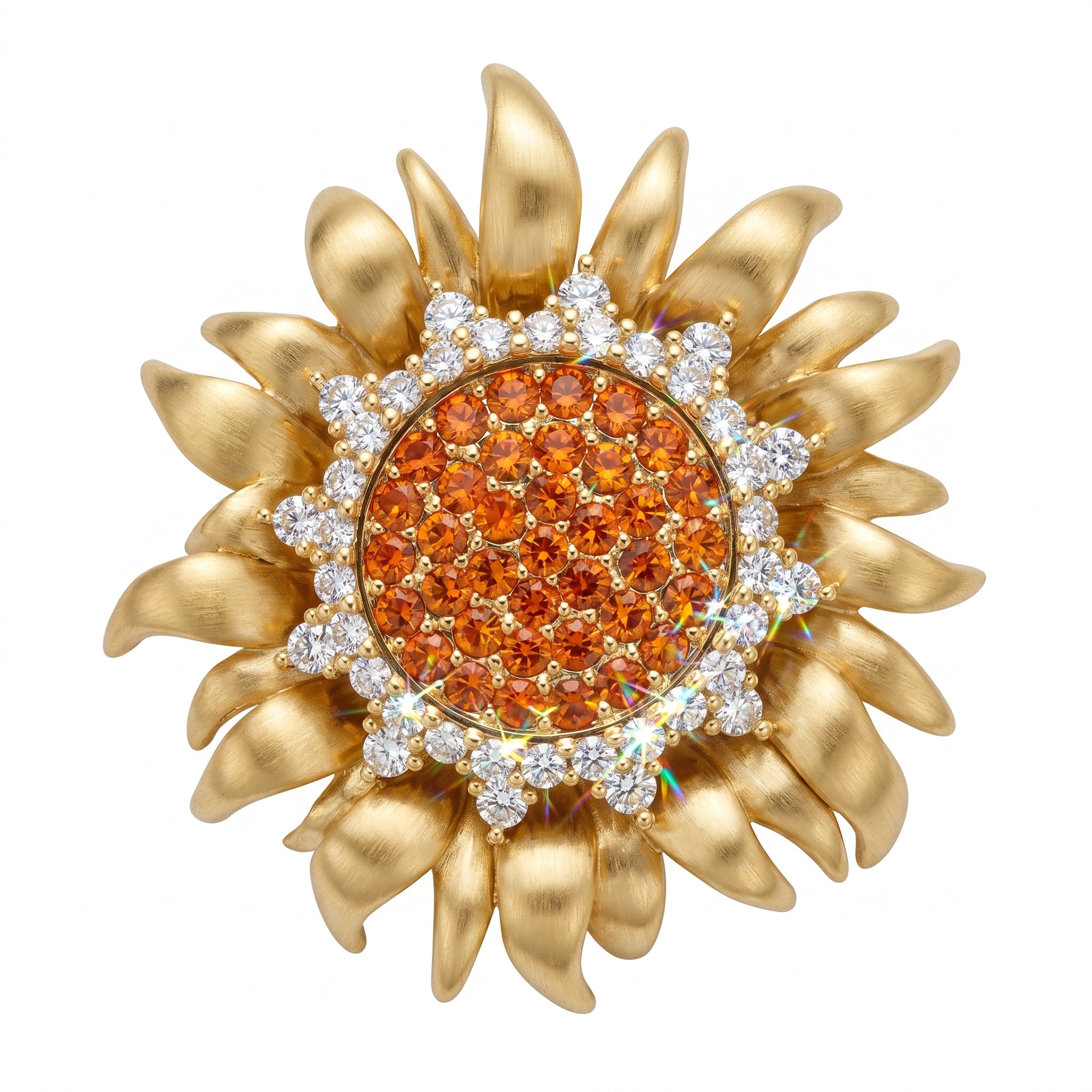 Gold Sunflower Brooch with Pave CZ & Orange Crystal — Statement Lapel Pin & Pendant Necklace