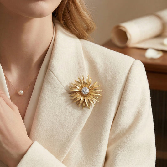 Gold Sunflower Brooch with CZ Center — Statement Lapel Pin & Pendant Necklace for Women