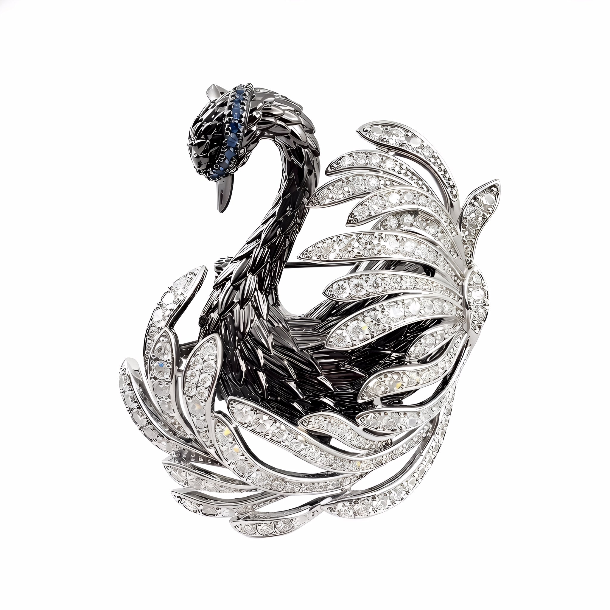 Black Swan Brooch with Pave CZ & Blue Crystal Crown — Statement Lapel Pin & Pendant Necklace for Women