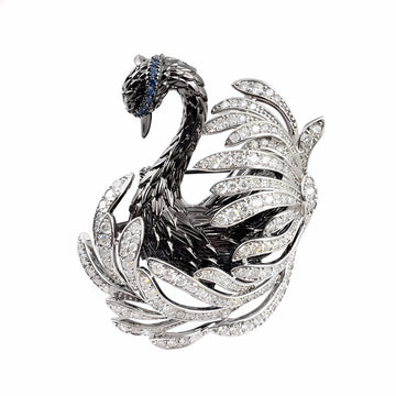 Black Swan Brooch with Pave CZ & Blue Crystal Crown — Statement Lapel Pin & Pendant Necklace for Women