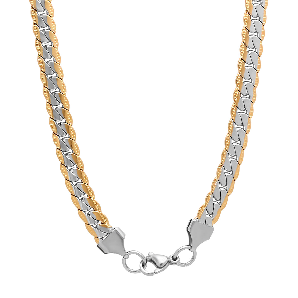 the alternating gold and silver flat curb links and the durable lobster clasp