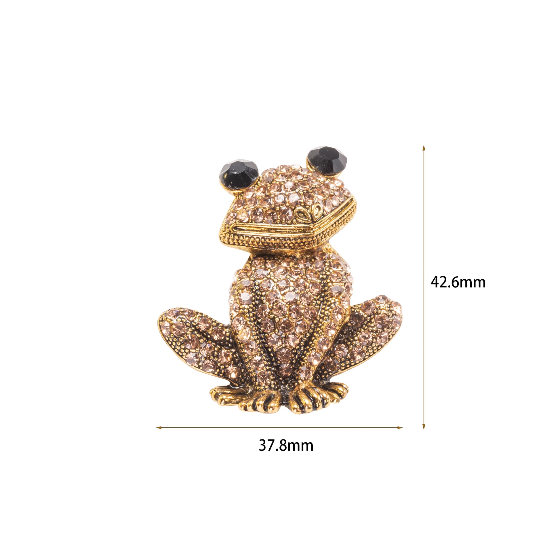 A yellow gold over brass brooch pin featuring a sparkling, champagne crystal-encrusted frog design.