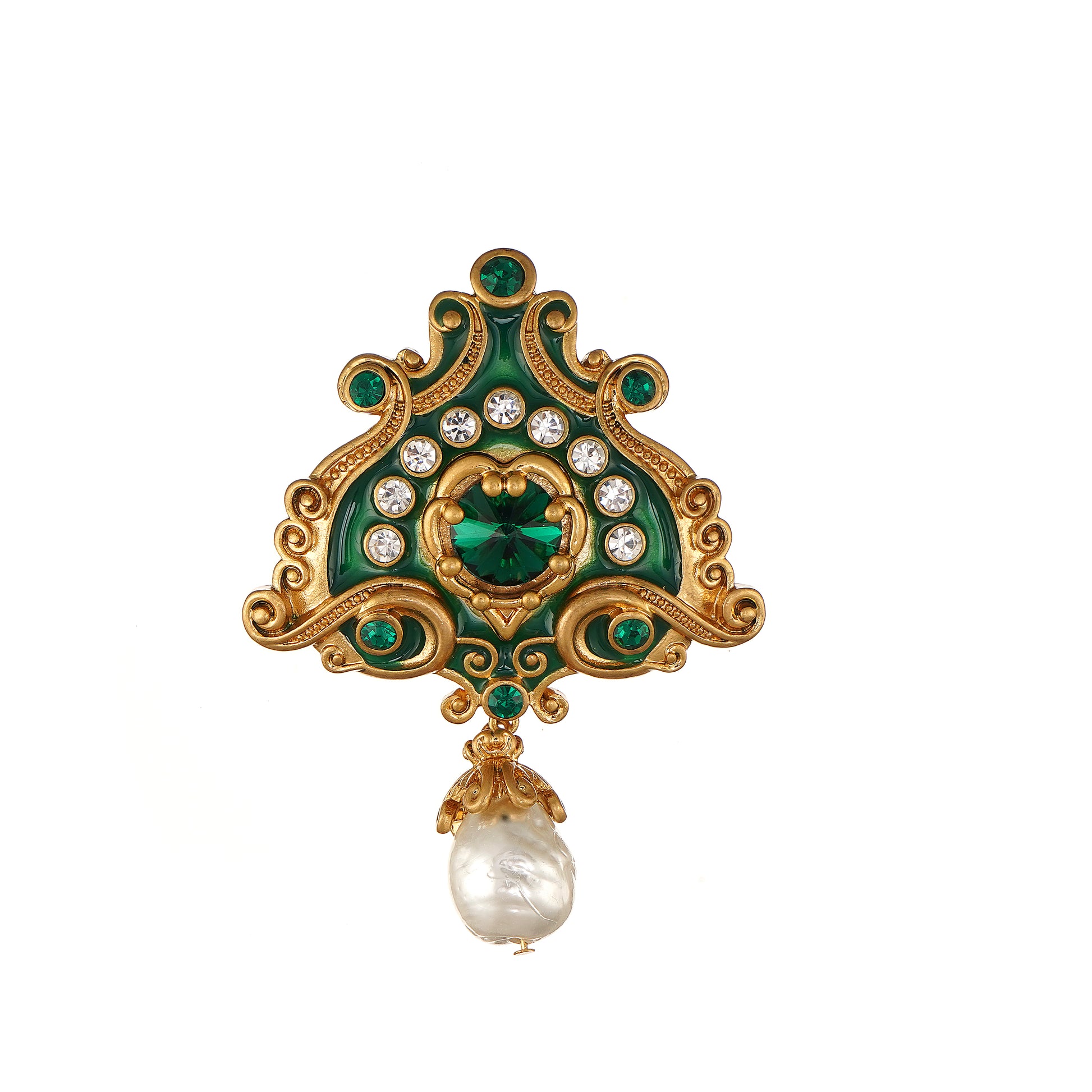 Art Nouveau inspired Brooch with Simulated Diamond and Pearl in Yellow Gold over Brass- Stars and Vogue