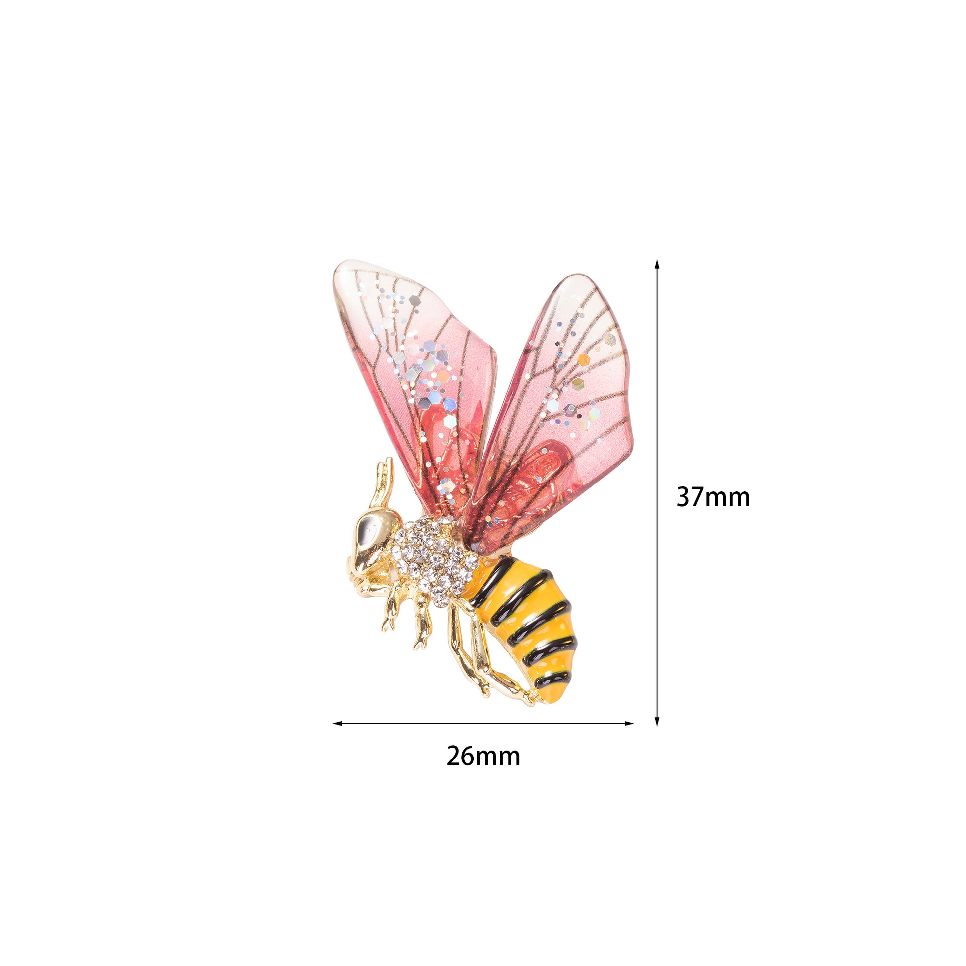 the glossy pink enamel body and textured metal wings on a bee lapel pin