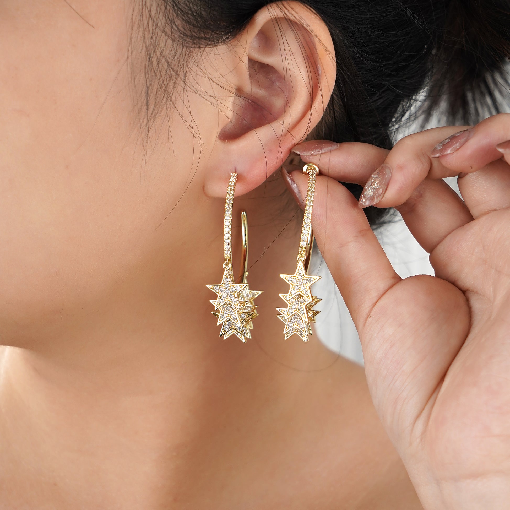 Stars Charm Hoop Earring with Pave Simulated Diamond in Brass and Silver Post in Yellow Gold Plating- Stars and Vogue