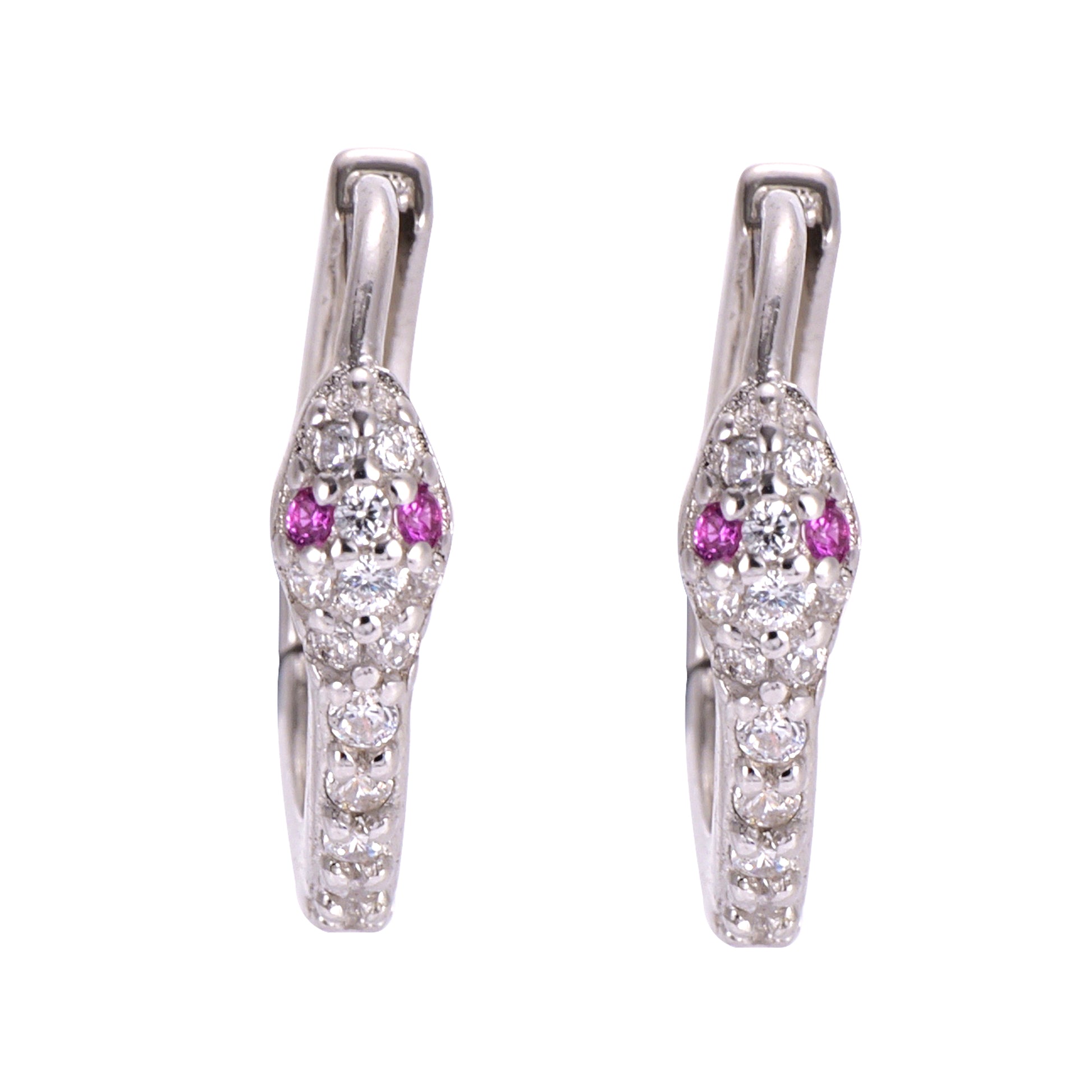 Close-up of the shimmering CZ scales and red crystal eyes on the sterling silver snake huggie earrings