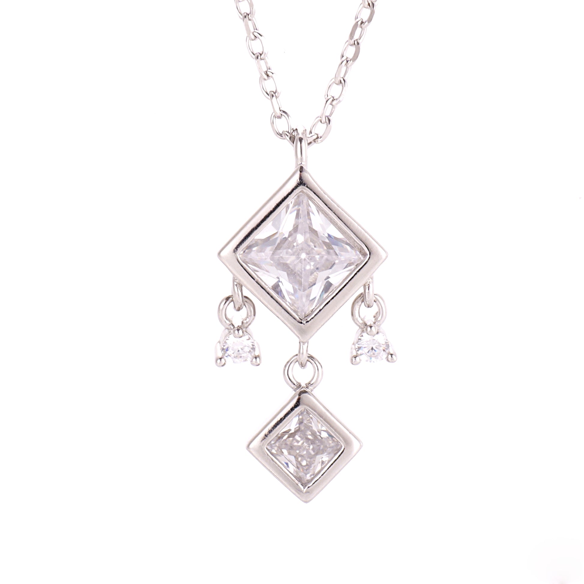 the square princess-cut simulated diamond on a dainty silver chain