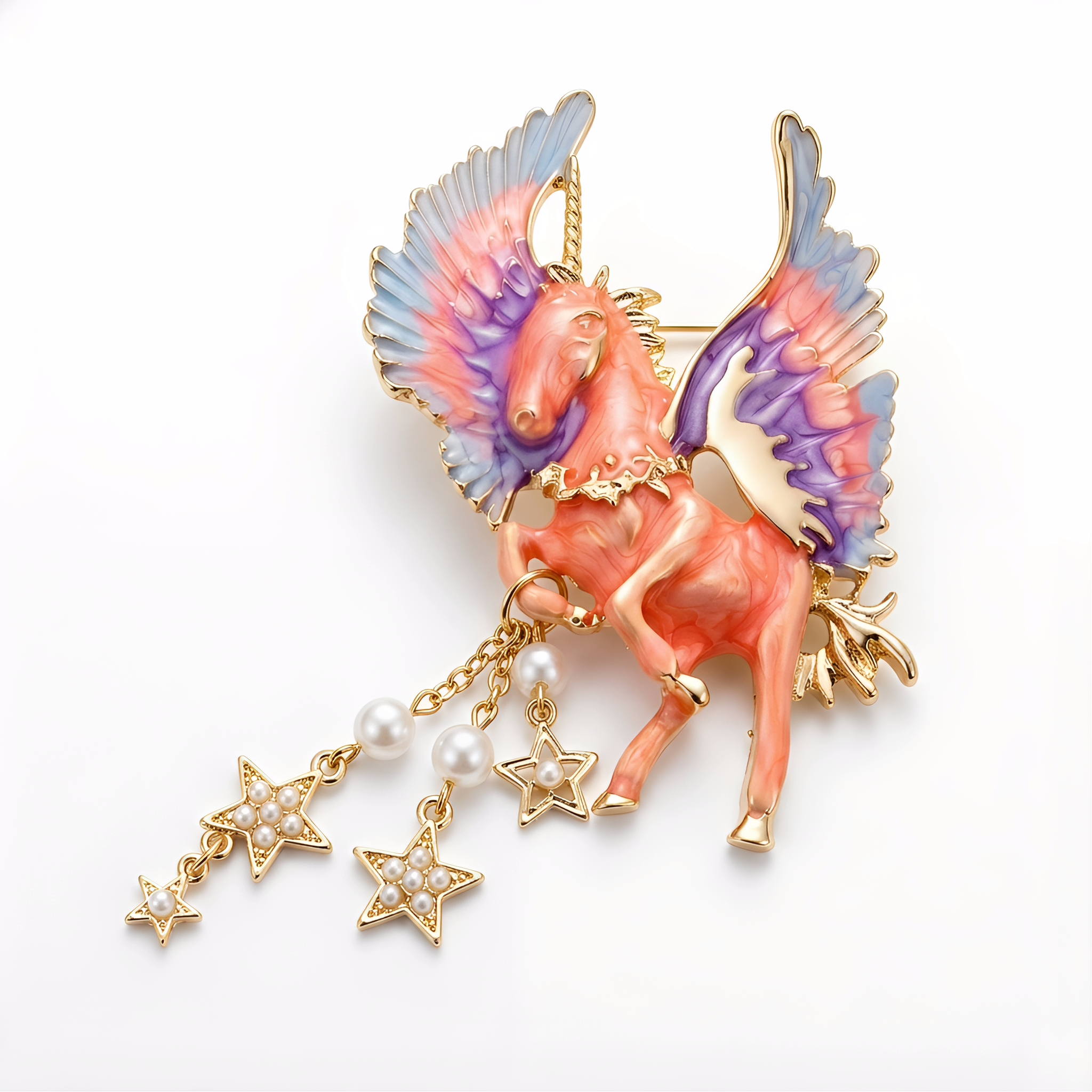 Gold Unicorn Brooch with Enamel Wings, Pearl & Star Dangles — Statement Lapel Pin for Women