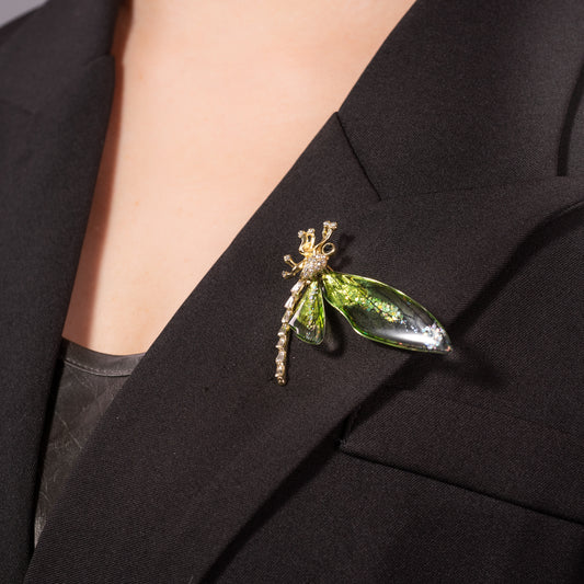 yellow gold over brass dragonfly brooch pin encrusted with sparkling crystals