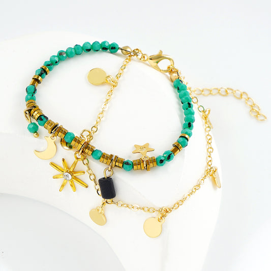 yellow gold plated celestial charm bracelet with blue turquoise beads