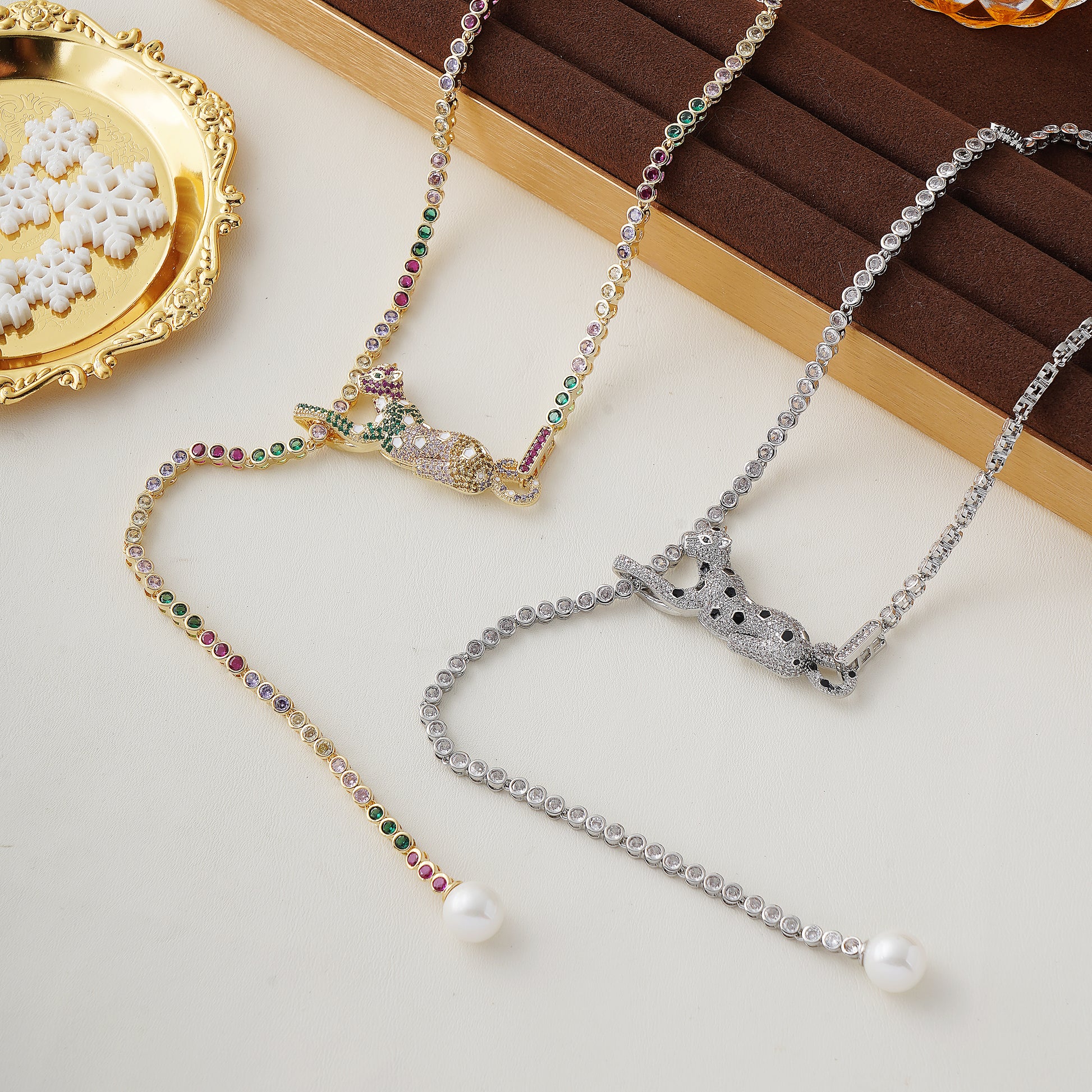 Leopard Adjustable Length Necklace with Pave Multicolor Simulated Diamond and Pearl in Yellow Gold Plating 24"- Stars and Vogue