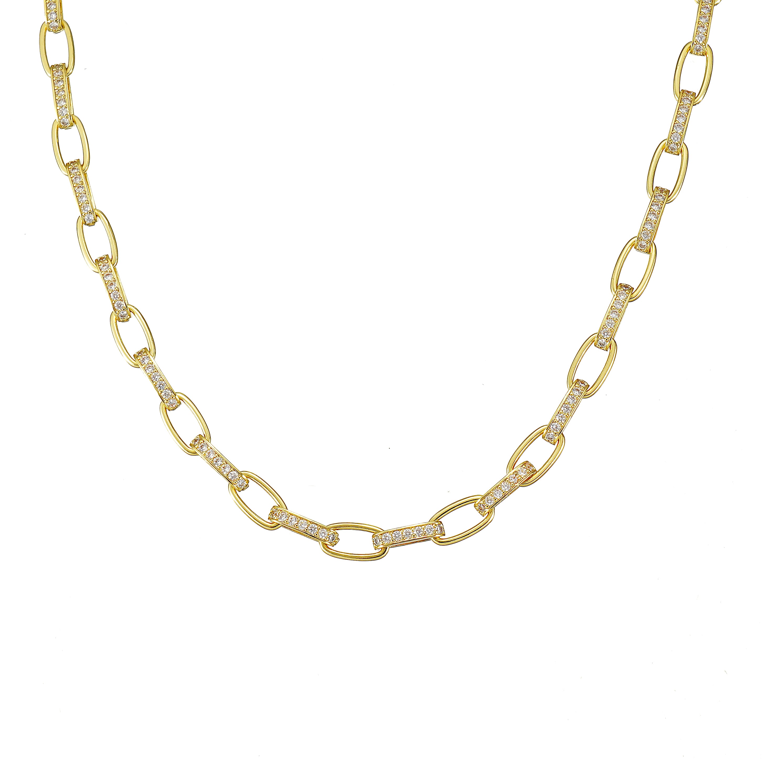 Paper Clip Necklace Yellow Gold Plated with Pave Simulated Diamond 16 inch
