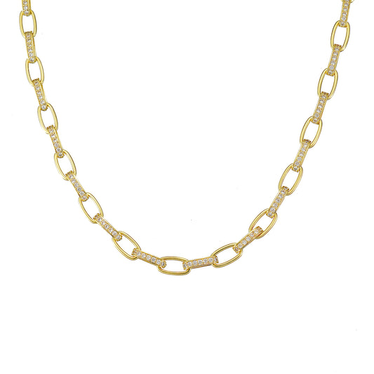 Paper Clip Necklace Yellow Gold Plated with Pave Simulated Diamond 16 inch
