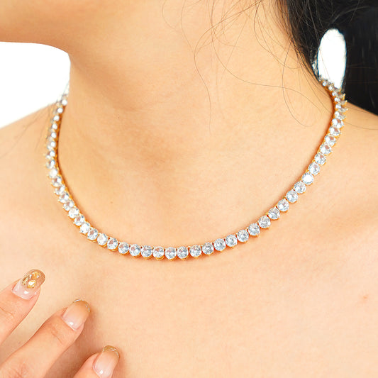 yellow gold plated tennis necklace with round brilliant cut simulated diamond CZ stones
